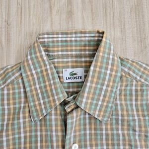 Lacoste Men's Green and Brown Striped Multi Colour Button Down Shirt